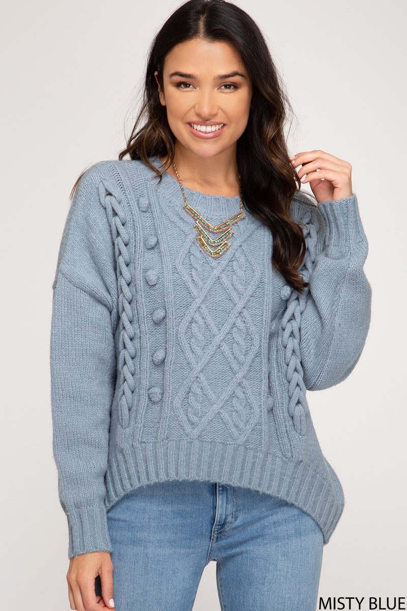 women's blue cable knit sweater